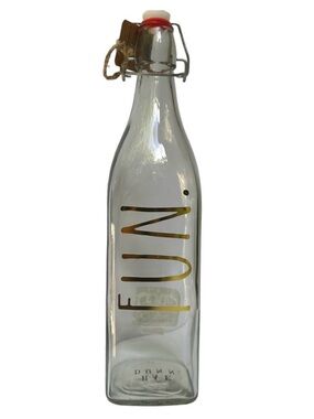 Rae Dunn FUN Clear Glass Bottle Bail & Trigger Closure Gold Letters NWT 2017 OG